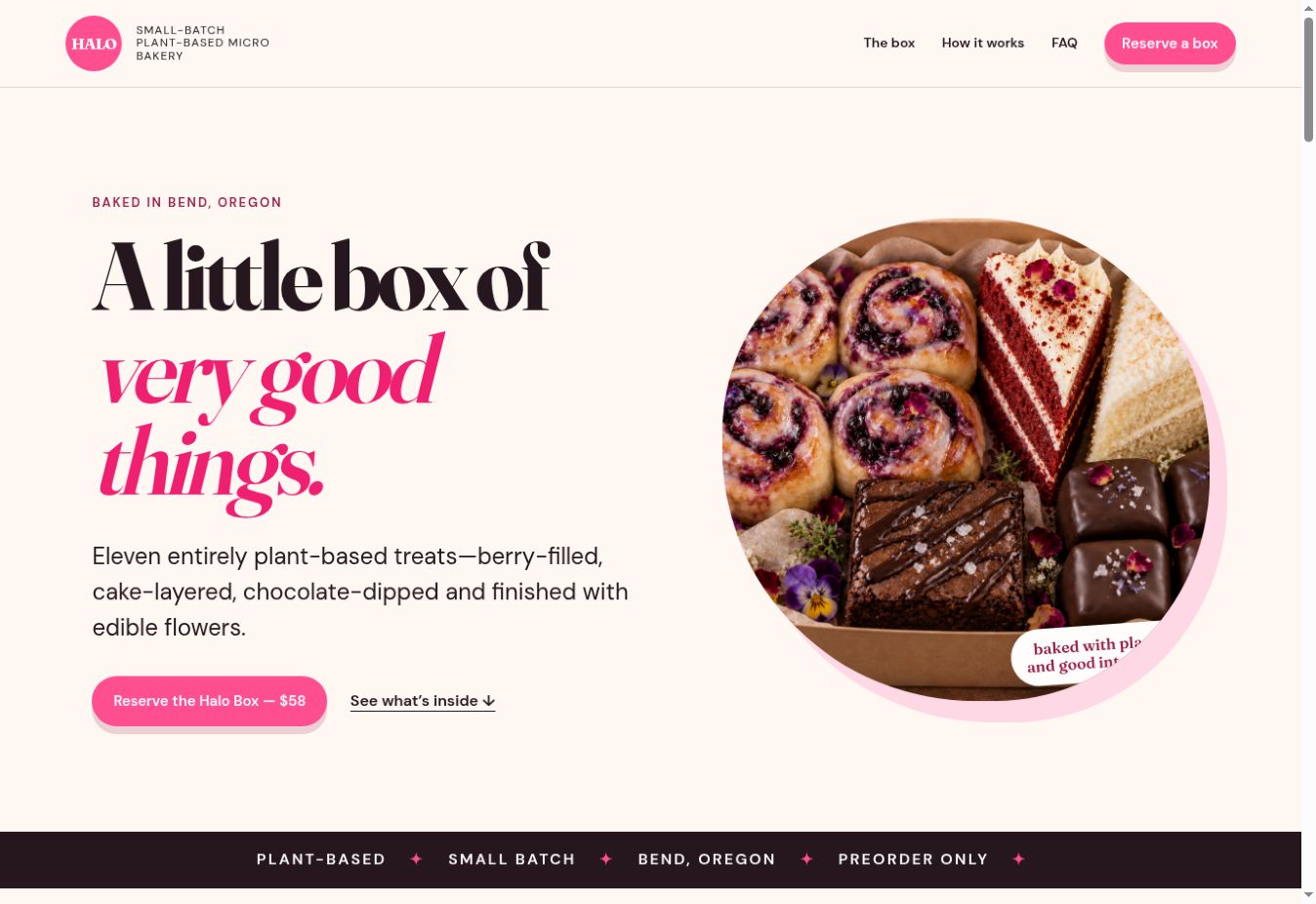 Halo plant-based micro bakery website homepage